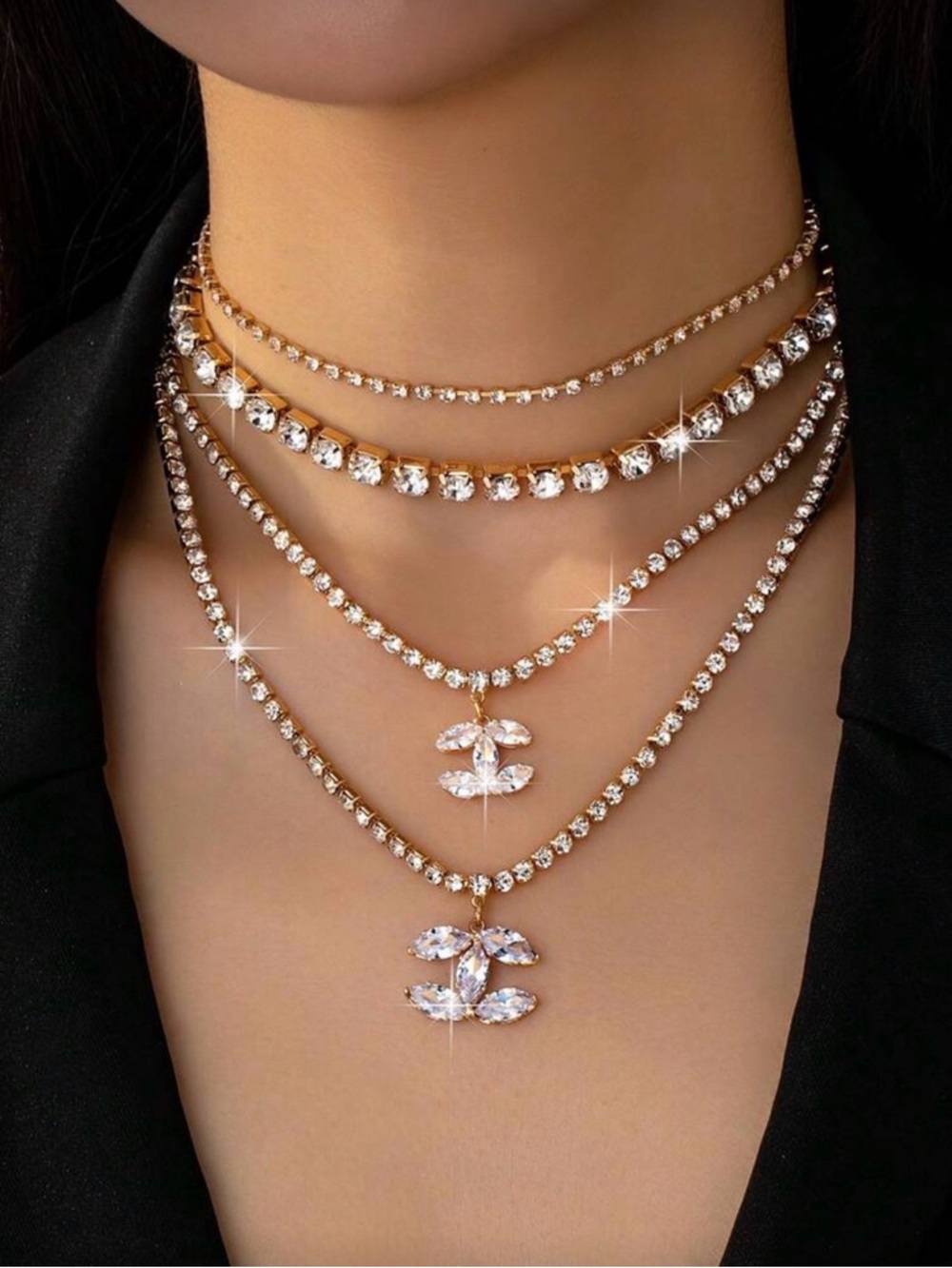 LAYERS OF LUXURY Gold Crystal Rhinestone Layered Choker Necklace Set